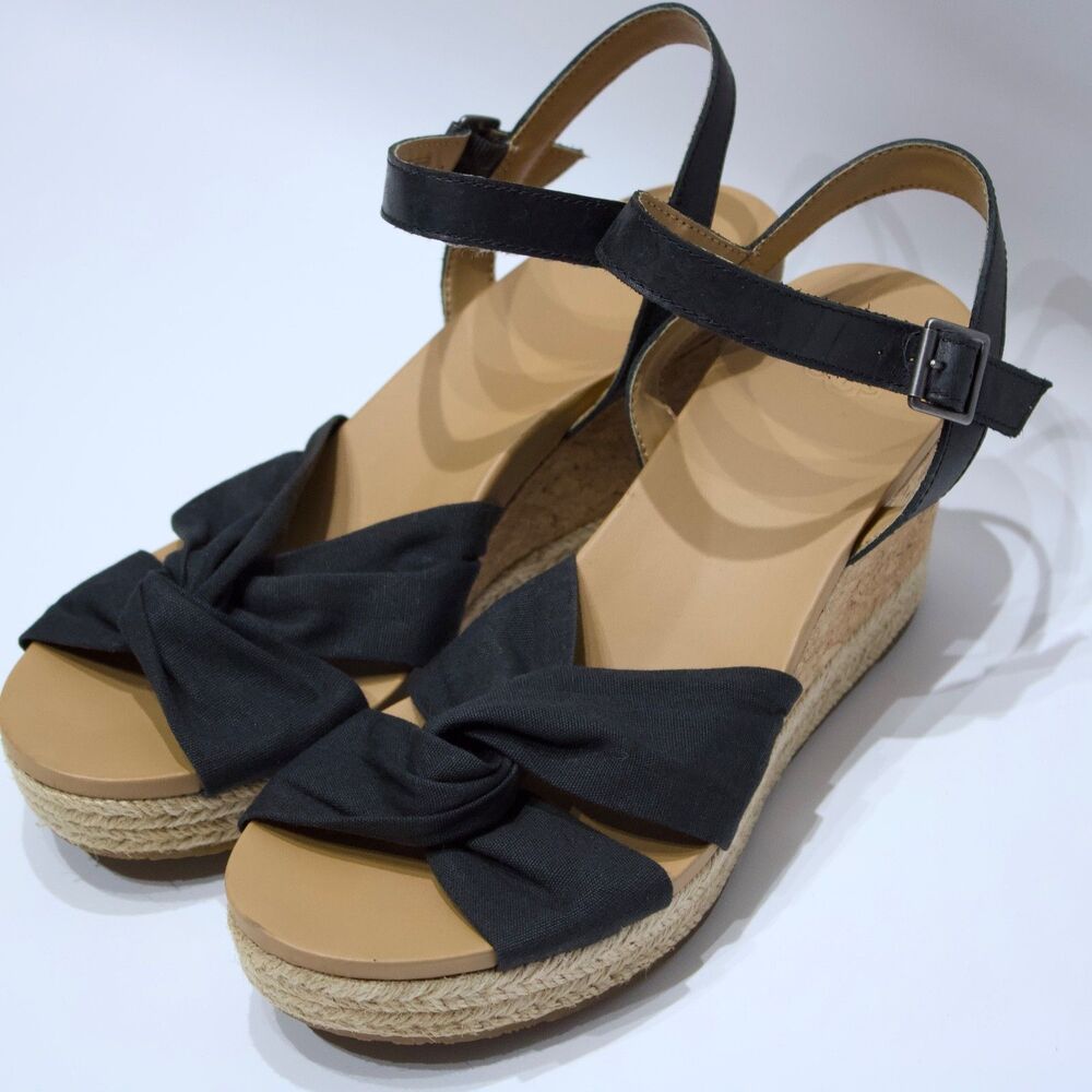 Ugg Joslyn Black Beige Leather & Fabric Cork Wedge Sandal Women Size 8.5